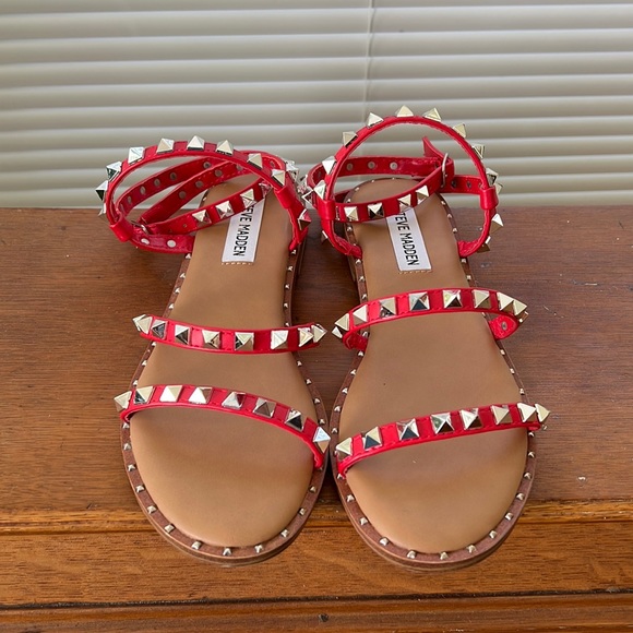 Steve Madden Red Travel Studded Sandals - Picture 2 of 6